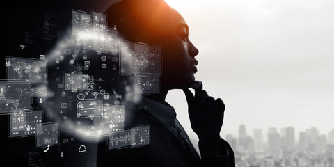 Aufkleber - Collage of thinking woman and digital technology. Wide angle visual for banners or advertisements.