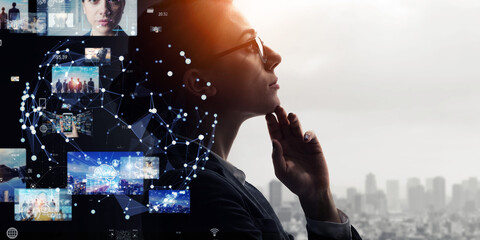 Aufkleber - Collage of a thinking woman and video technology. Wide angle visual for banners or advertisements.