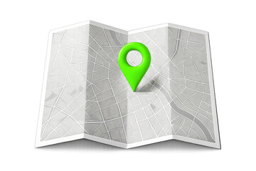 Fototapete - Green location pin marking precise spot on folded city map, transparent backdrop