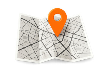 Fototapete - Folded city map with an orange location pin showing the destination point on a transparent background