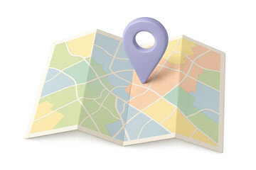 Fototapete - Purple location pin marking specific area on folded paper city map, highlighting travel and navigation themes through 3d rendering