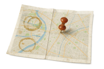 Fototapete - Folded city map with coffee stains and push pin marking a specific location, isolated on transparent background