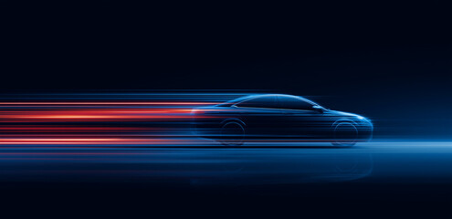 on a black background, colorful light bands outline the car's contour, with dynamic lines presenting