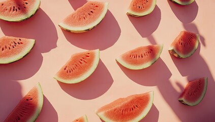 Poster - Slices of watermelon arranged on a pink background, creating a vibrant summer scene with contrasting shadows