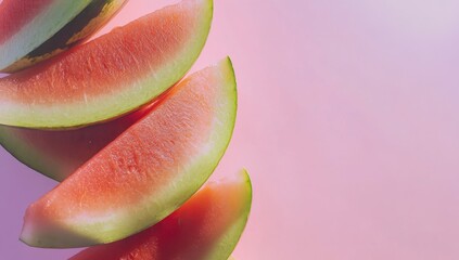 Poster - Slices of juicy watermelon arranged on a pink background.  The vibrant red flesh and green rind are clearly visible