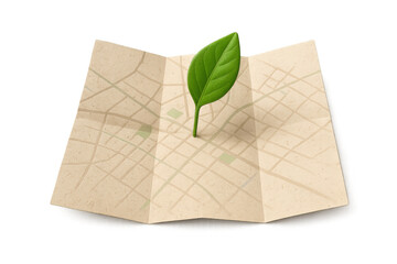 Poster - Folded city map with green leaf growing from its center, symbolizing eco-friendly urban development and sustainable city planning