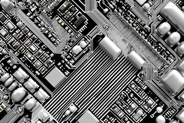 Poster - High-resolution close-up of detailed computer motherboard with circuits integrated chips and electronic components for technology hardware concept