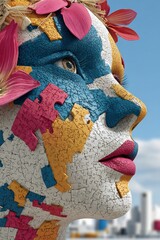 Aufkleber - Large detailed colorful mosaic face sculpture with intricate puzzle pieces and vibrant pink floral accents against clear blue sky
