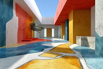Poster - Modern colorful architectural corridor with vibrant painted walls and a curved walkway featu bold geometric patterns and natural lighting