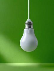 Poster - Modern energy-saving LED light bulb hanging from white cord against vibrant green wall in minimalistic interior design with blank space