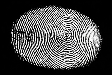 Poster - Close-up of a detailed black and white fingerprint with intricate ridges and whorls on a dark background, highlighting biometric pattern analysis