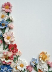 Poster - Vibrant colorful fabric flowers arranged along a left side border on a textured pastel background for craft, decor, or floral design visual