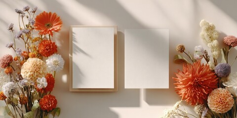 Poster - Elegant modern art display with blank picture frames surrounded by vibrant seasonal floral arrangements on neutral background