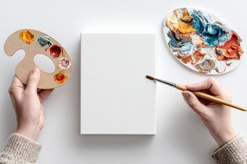 Poster - Artistic painting setup with an artist's hand holding a paintbrush, blank white s, and palette filled with colorful paints on white background