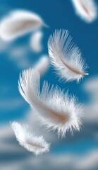 Poster - Delicate white feathers floating in midair against a vibrant blue sky background with soft light and gentle motion, high detail and softness