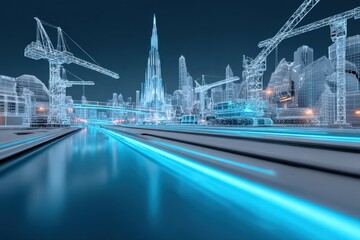 Aufkleber - Futuristic digital cityscape with illuminated skyscrapers construction cranes and bright neon light trails at night
