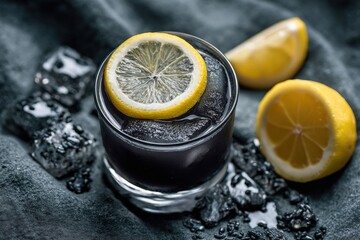 Poster - Refreshing black lemonade drink with lemon slices in a glass served on dark textured surface with ice cubes and fresh lemon wedges