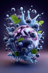 Poster - Vibrant blueberry splash with fresh green mint leaves and vibrant swirling purple and blue liquid explosion on dark background