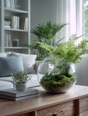 Aufkleber - Bright modern living room with large glass bowl terrarium containing lush green plants and moss, stylish house decor, natural light