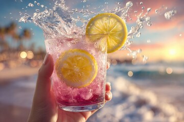 Poster - Refreshing pink lemonade drink with slices of lemon in a glass splashing with water at sunset by the beach du summer vacation