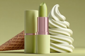 Aufkleber - Bright Green Lipstick Tube and Fresh Soft Ice Cream Cone with Coiled Swirl on Light Green Background Perfect for Cosmetics and Dessert Themes