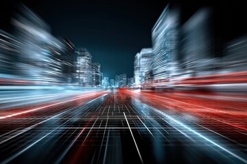 Aufkleber - Futuristic cityscape at night with blurred skyscrapers and streaks of light depicting speed and modern urban environment