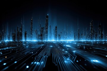 Poster - Futuristic digital cityscape with glowing skyscrapers and high-tech grid pattern representing advanced technology and smart urban environment