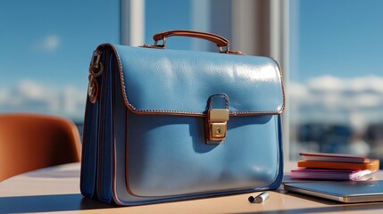 Aufkleber - Elegant blue leather briefcase with brass lock on a modern office desk with a blurred cityscape background and colorful notebooks