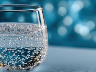 Poster - Close-up of a transparent glass filled with sparkling carbonated water with bubbles rising against a blurred blue background with bokeh light effects