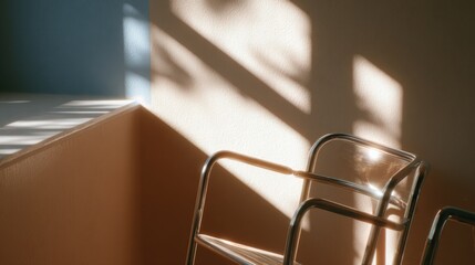 Aufkleber - Natural sunlight casting shadows on an empty modern chair and paper box in a bright minimalistic room with warm tones and soft lighting