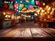 © tigerheart - Hispanic heritage month. Wooden table top on blurred mexican colorfull background