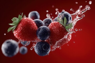 Poster - Fresh and Juicy Strawberries and Blueberries Splashing into Water with Dynamic Droplets and Vibrant Red Background