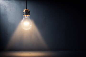 Poster - Single glowing incandescent light bulb hanging from black wire illuminating a dark textured wall in a minimalistic interior setting with warm light radiating outwards