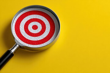 Poster - Close-up of a magnifying glass with a detailed red and white symbol on a yellow background for focus and precision purposes