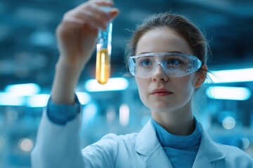 Poster - Young female scientist in safety glasses holding a test tube with a yellow liquid in a laboratory setting with modern equipment and cool blue lighting