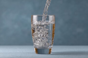 Aufkleber - Clear transparent glass cup filled with cold water with splash and bubbles in mid-air on blue background, refreshing beverage concept