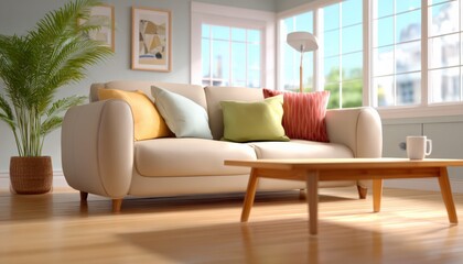 Aufkleber - Modern and Bright Living Room with Comfortable Sofa Stylish Throw Pillows Natural Light Large and Indoor Plant Decor