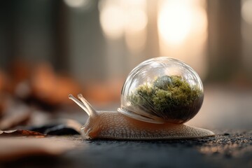 Aufkleber - Close-up of a snail carrying a glass terrarium with moss and plants on its in a natural woodland setting du sunset with warm lighting