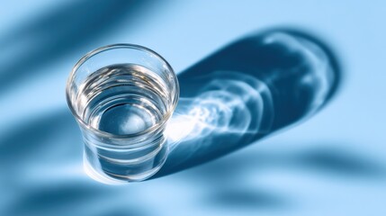 Poster - Transparent glass of water with bright reflection creating a shadow on blue surface in a minimalistic style with high contrast and details