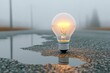 © The Little Hut - Creative innovative idea concept symbolized by a glowing light bulb placed on wet asphalt road surface on foggy day with blurry background