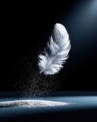 Poster - Close-up of a delicate white feather falling through the air against a dark background with soft lighting and floating dust particles