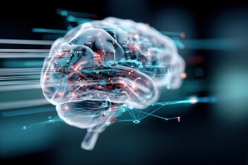 Poster - Highly detailed digital rende of a futuristic human brain influenced by technology and neural network data visualization with vibrant glowing lines