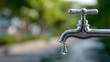© The Little Hut - Close-up of a shiny silver outdoor faucet with a single water droplet hanging, blurred green background, outdoor plumbing and water collection