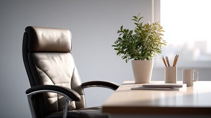 Poster - Modern minimalist office interior with black leather ergonomic chair and essential desk accessories including a potted plant and stationery