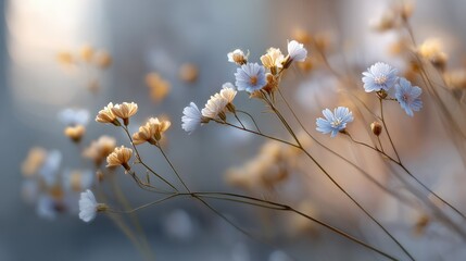 Poster - Close-up of delicate white and cream wildflowers swaying in the breeze outdoors du golden hour in soft natural light