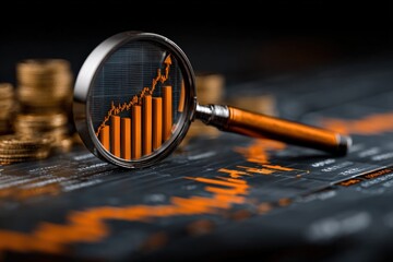 Poster - Business financial growth analysis with magnifying glass showing upward trending graph and stock market data on dark background
