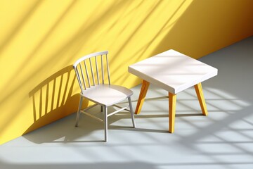 Poster - Minimalist Modern Living Room Scene with White Chair and Coffee Table Against Bright Yellow Wall with Natural Shadowing