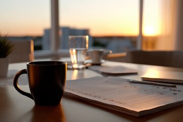 Poster - Modern office workspace with coffee mug, glass of water, open notebook, pen, and sunlight streaming through large du sunset