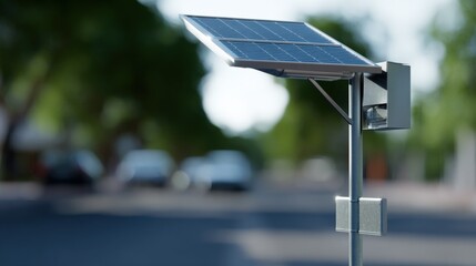 Poster - Modern solar panel installation on public street pole with clear sky and blurred trees and cars in background for renewable energy use