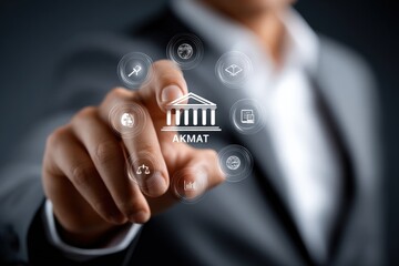 Poster - Businessman in formal suit using futuristic transparent touchscreen interface with banking symbols and icons for financial technology concepts